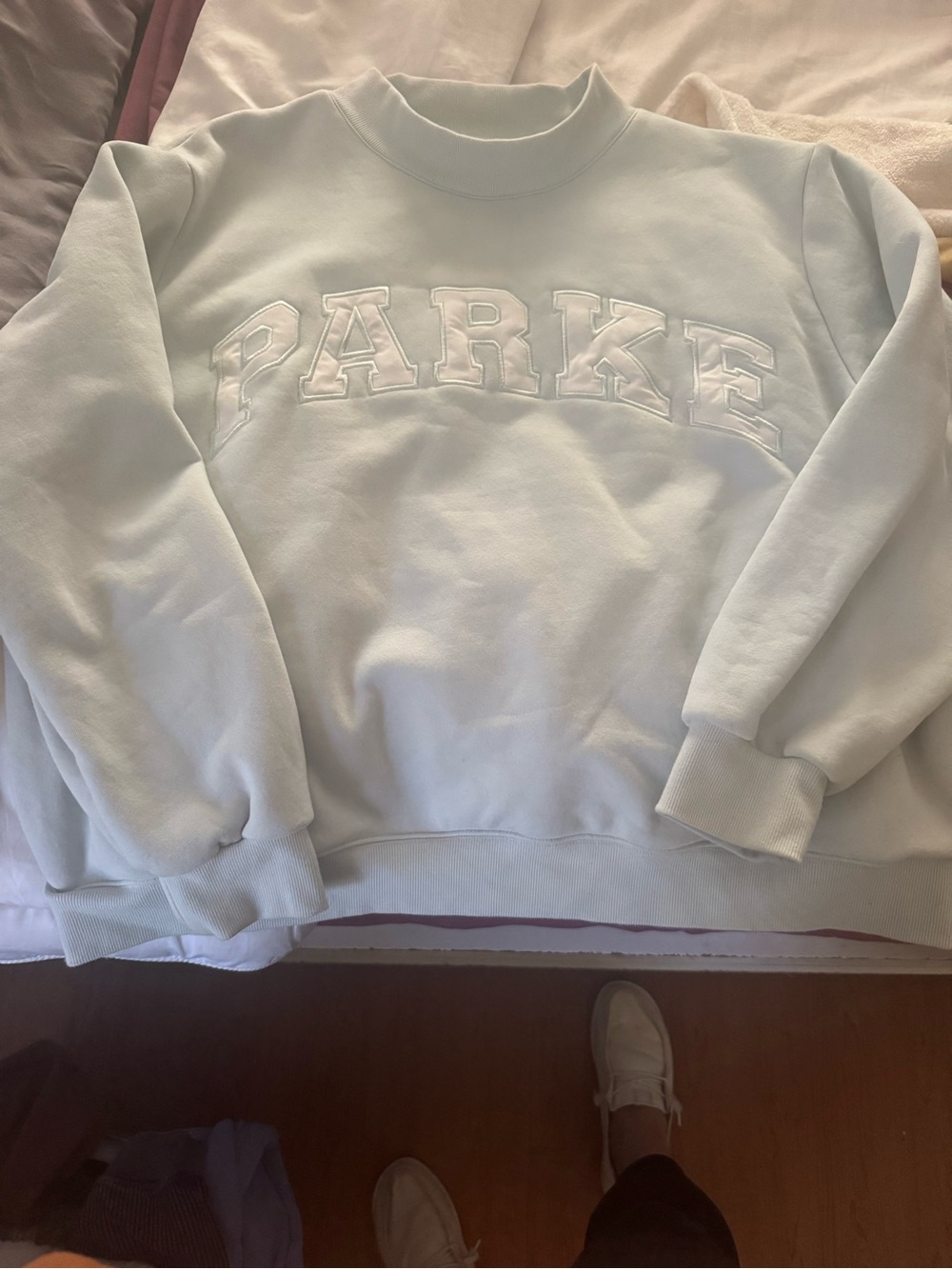 Parke Pale Blue Mockneck Sweatshirt with Raised Collegiate Logo